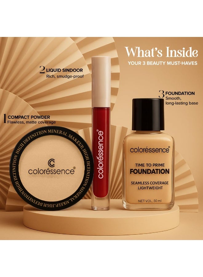 كالرسينس مجموعة مكياج الوجه Coloressence Glow Ritual المكونة من 3 قطع للنساء، مناسبة لـ Karva Chauth (للبشرة الفاتحة) | سهلة الاستخدام (بودرة مضغوطة، كريم أساس 30 مل، سائل السندور) - Image 3